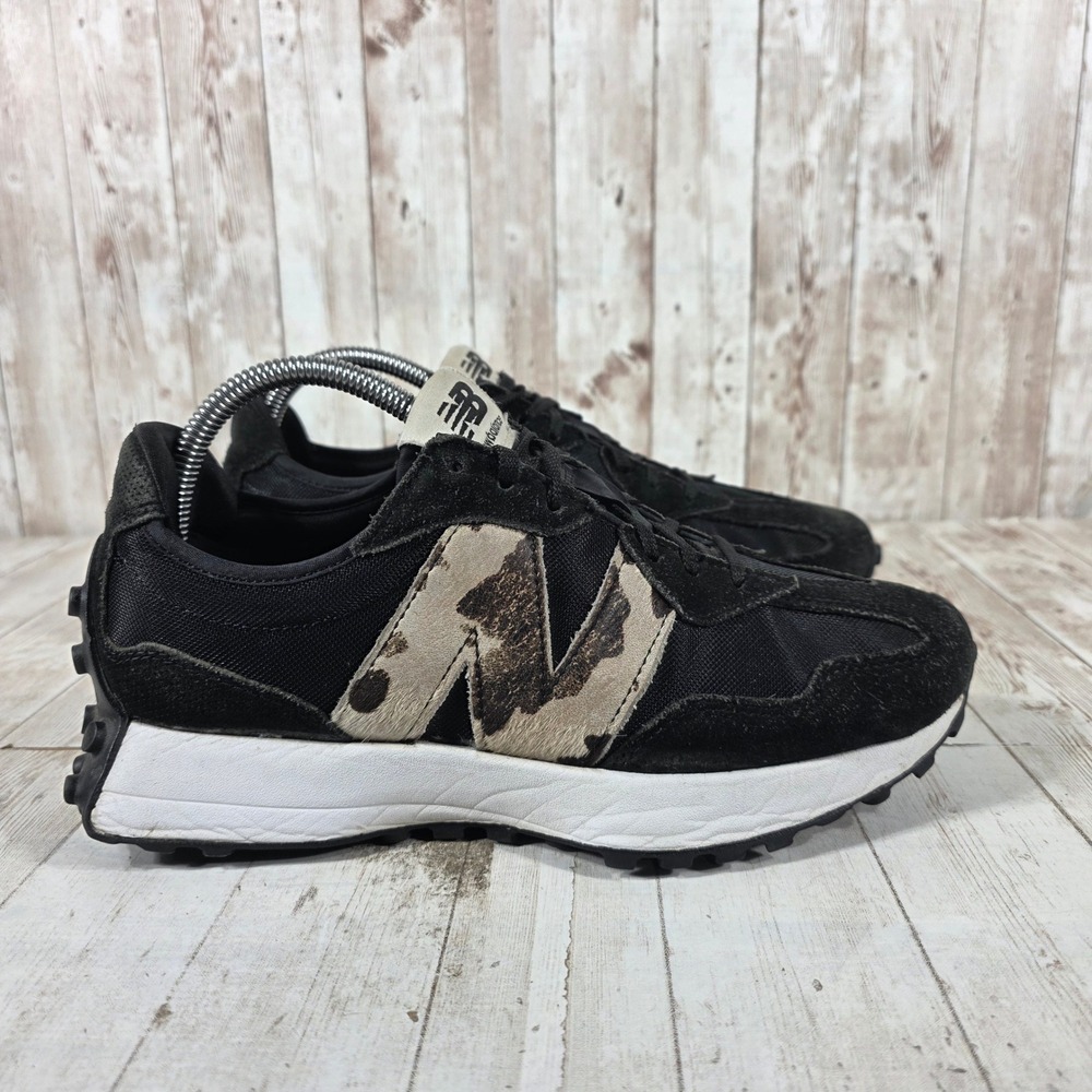 New Balance 327 Black Cow Print Animal Logo Sneakers WS327CB Womens 9